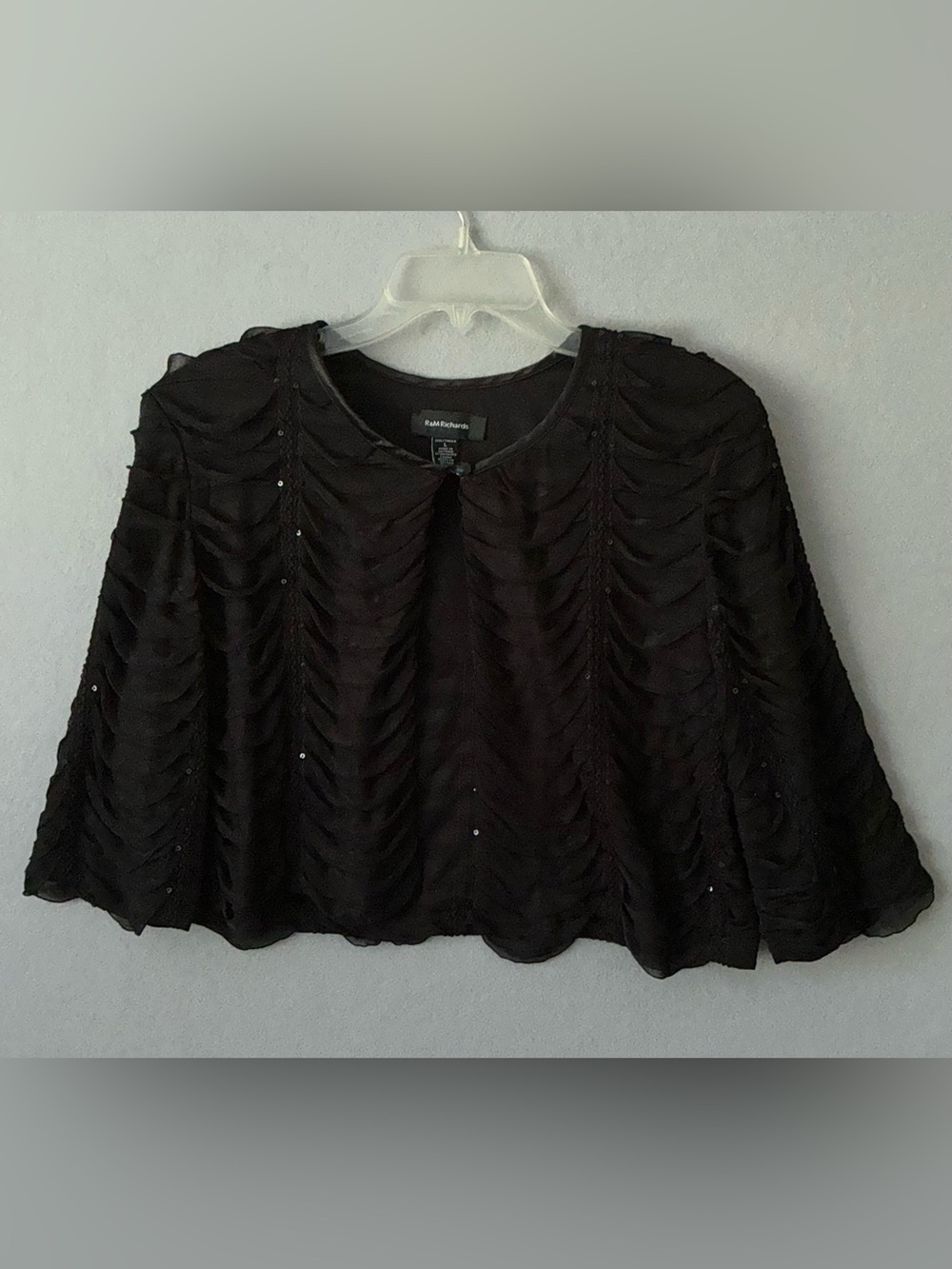 R&M Richards Black Sequin Shrug Jacket L Formal Cocktail Glam Elegant Bolero